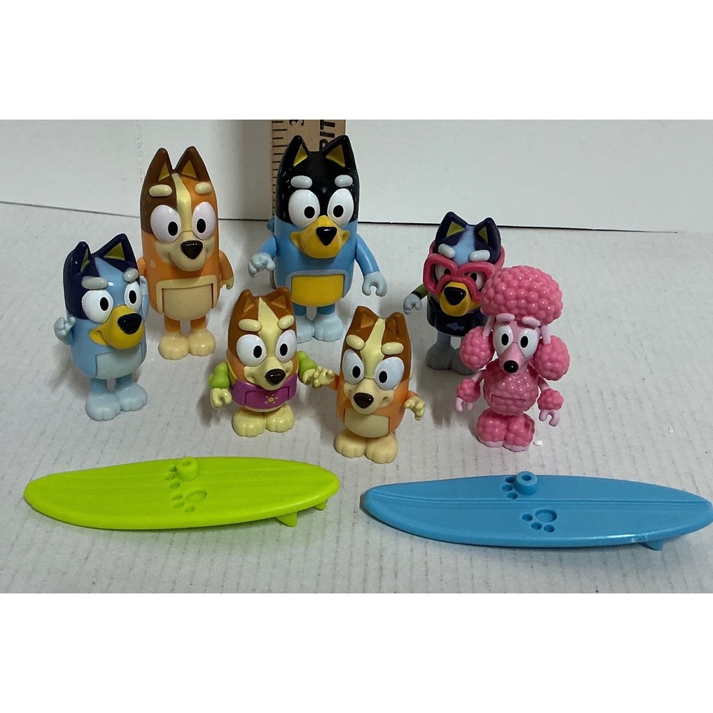 Bluey Figure Lot 6pc Bandit Chilli Bingo Coco Surfboard Accessories Toy Set